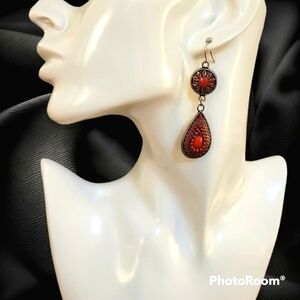 3/$30 Mi AMORE Orange Enamel Aztec Teardrop Dangle Hook Earrings